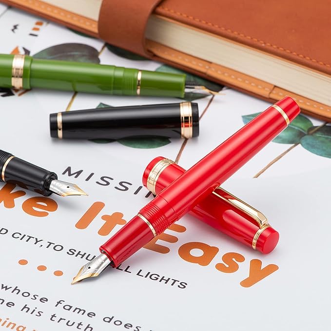 Jinhao 82 Red Acrylic Fountain Pen, Iridium Extra Fine Nib Classic Design Smooth Writing Pen with Ink Converter (Gold Trim)