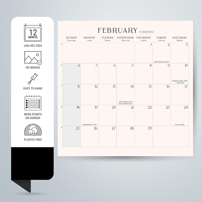 Wall Calendar 2024 12" x 12" FSC® Plastic Free - Starts Week On Sunday | Square Wall Calendar 2024 | Family Planner Calendar 2024 | 2024 Calendar (Birds 2024)