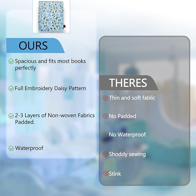 LParkin Daisy Flower Embroidery Book Sleeve with Zipper for Readers Protector Cover Gift for Book Lovers, 11x 8.5 Inch Washable Fabric, Daisy Blue