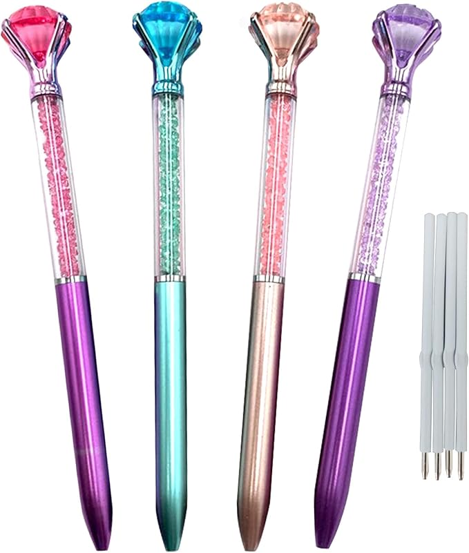 Diamond Pens Pack of 4 Cute Ballpoint Pens Retractable Ballpoint Pen gem pens Rhinestones Crystal Bling Plated Metal Color Blue Gel Ink Office Supplies Gifts for Women (4 pens)…