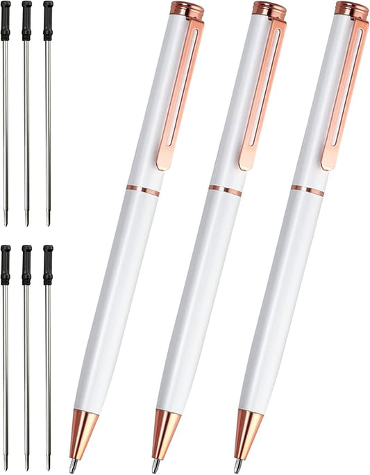 Cambond Ballpoint Pens White Pen - Fancy Pens Black Ink 1.0 mm Medium Point Retractable Metal Pen Smooth Writing for Men Women Police Uniform Office Business, 3 Pens with 6 Refills (White)