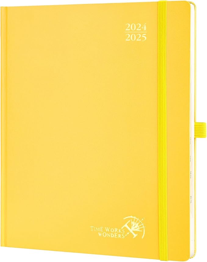 POPRUN Planner 2024-2025, [Large 8.5'' x 10.5'' Hard Cover] Academic Calendar (July 24-June 25) Daily Weekly and Monthly Appointment Book with Hourly Time Slots, Monthly Tabs, 100 GSM - Light Yellow