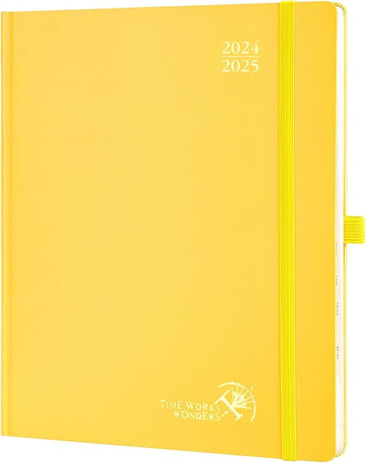 POPRUN Planner 2024-2025, [Large 8.5'' x 10.5'' Hard Cover] Academic Calendar (July 24-June 25) Daily Weekly and Monthly Appointment Book with Hourly Time Slots, Monthly Tabs, 100 GSM - Light Yellow
