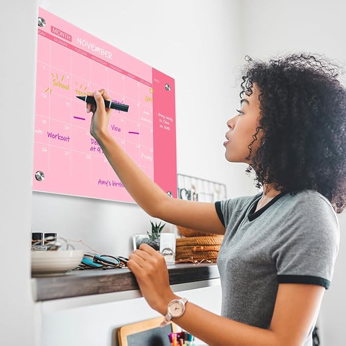 Glass Dry Erase Whiteboard, Pink Glass Monthly Calendar Whiteboard, 18" x 24",Frameless Glass White Board for Home, School, Office, Pink Surface(GlassA-PK-4560)