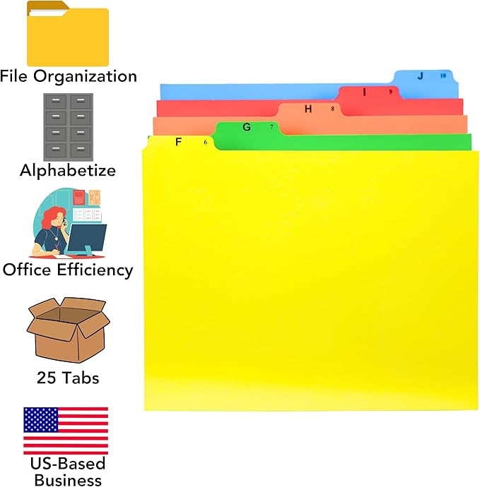 Iconikal Alphabetical File Folder Guide Dividers, A-Z Index, 5 Tabs Across Heavyweight, 5 Full Colors, Letter Size, 1/5 Cut Tab Positions, Heavy Duty Filing Cabinet
