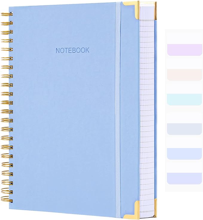 Spiral Notebook, College Ruled Notebook, 8.5" x 11", 300 Pages Hardcover Leather Notebook Journal for Women Men, A4 Large Lined Journal Notebooks for Work School, 24pcs Index Tabs, Thick, Light Blue