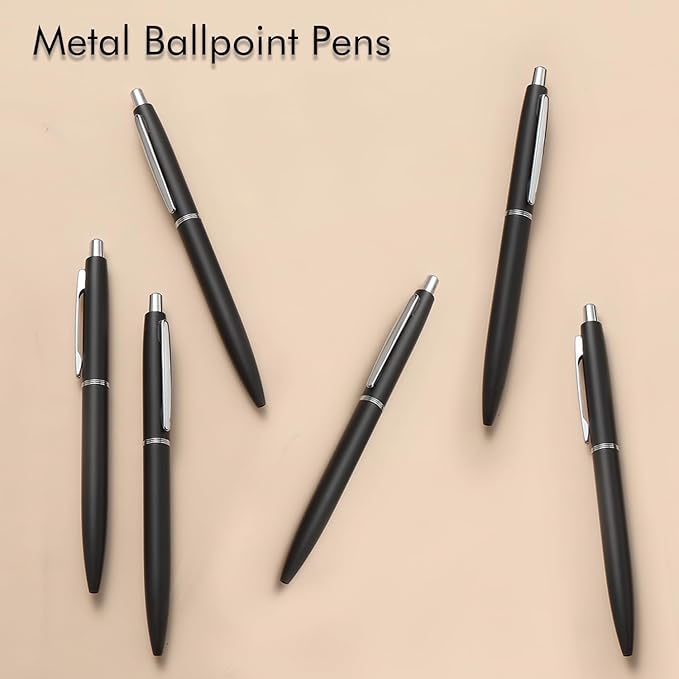 ChaoQ 6 Pcs Retractable Metal Ballpoint Pens, for Gift, Business, Office, 1.0mm Medium Point Black Ink, 12 Extras Replaceable Metal Refills - Black