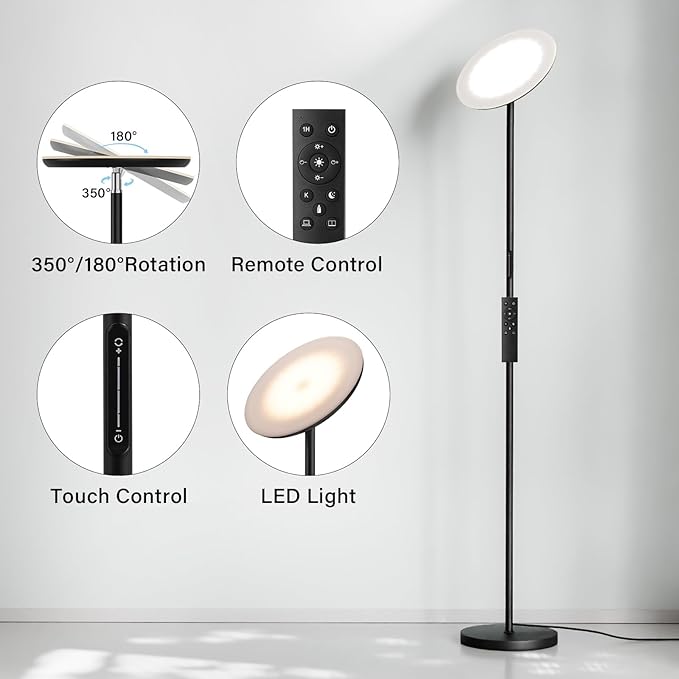 LED Floor Lamp with Remote, 36W/3000-5000K,Touch Control, Fully Dimmable, Adjustable Brightness, 69 in, Black(Remote is Packaged in The Base)
