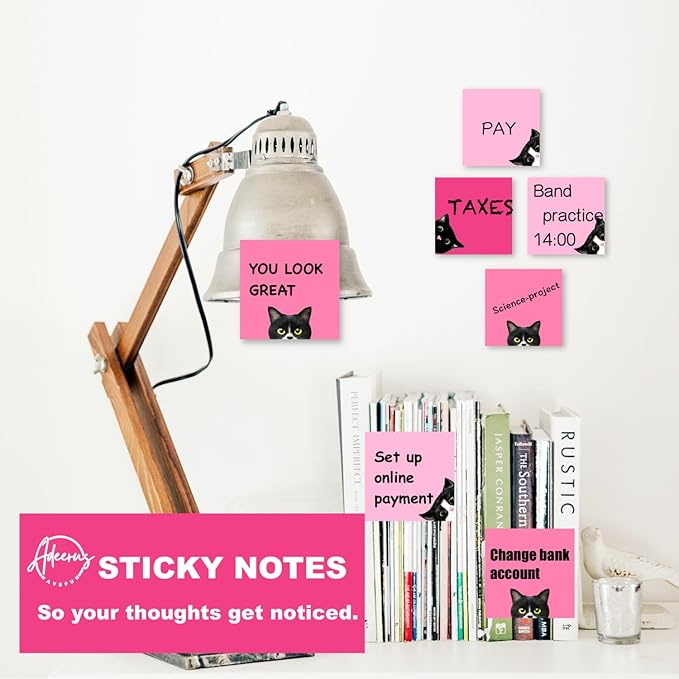 9 Pads Black Cat Sticky Notes Set, Pink Self-Stick Note Pads, Super Adhesive Memo Pads Cute Note Card for Cat Lover Gift, Teacher Office and School Supplies, 3x3in