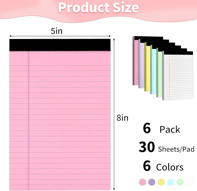 WINKIO Legal Pads 5" X 8", 6 Pack Colored Note Pads, College Ruled Yellow Lined Paper Pads, Letter & Legal Ruled Pads, 30 Sheets per Small Writing Pads 5x8 for School, Home, Office, Business