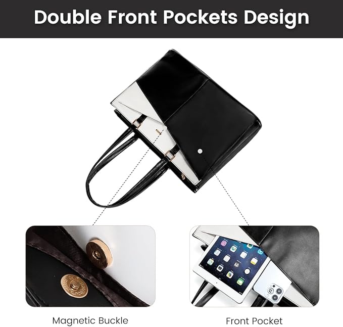 LOVEVOOK Laptop Bag for Women 15.6 Inch Tote Bags Waterproof Leather Briefcase Computer Women Business Office Work Bag,Black-White