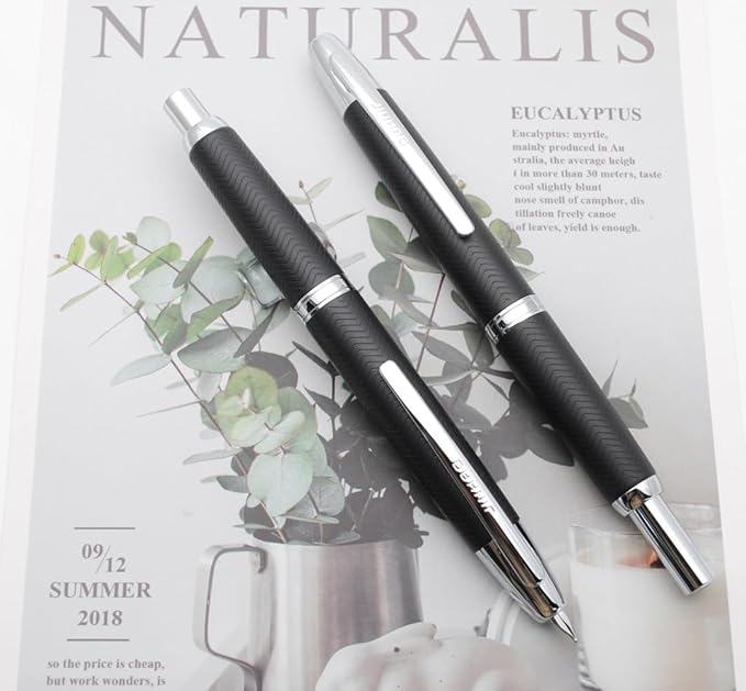 JINHAO 10 Press Fountain Pen, Retractable Metal Pen with Ink Converter (F Nib 0.5mm, Wavy Texture Matte Black)