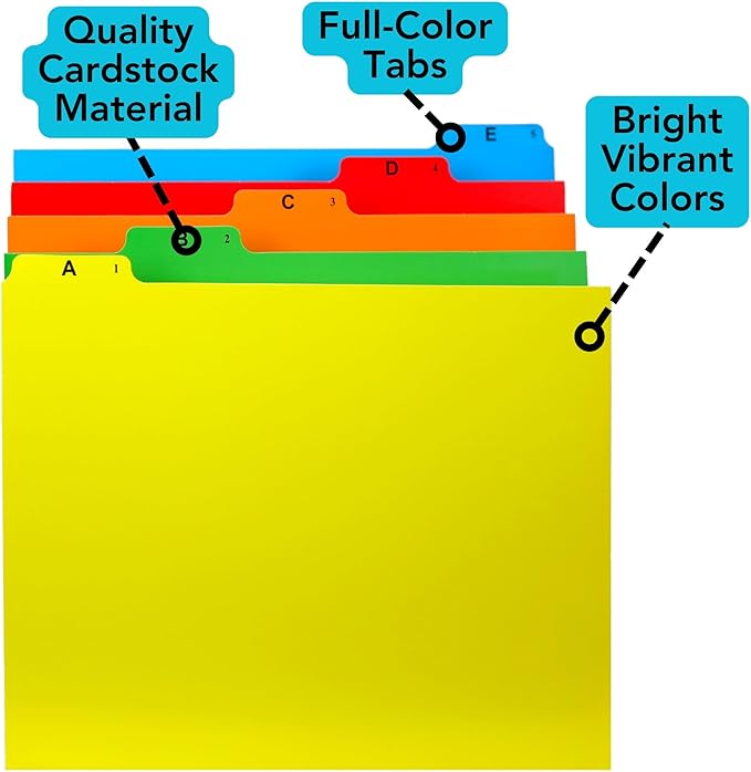 Iconikal Alphabetical File Folder Guide Dividers, A-Z Index, 5 Tabs Across Heavyweight, 5 Full Colors, Letter Size, 1/5 Cut Tab Positions, Heavy Duty Filing Cabinet