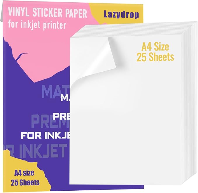 Premium Printable Vinyl Sticker Paper for Inkjet Printer - 25 Matte White Waterproof Decal Paper Sheets - Dries Quickly and Holds Ink Beautifully