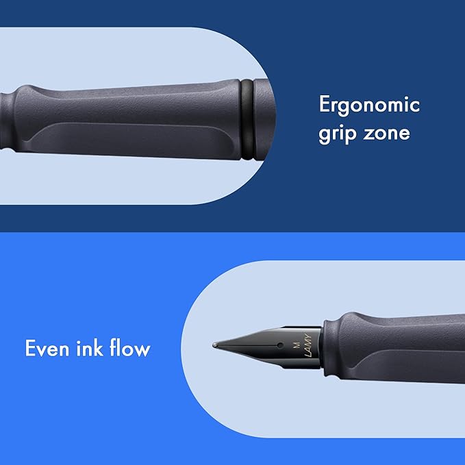 LAMY safari steel black - Fountain Pen with ergonomic grip & polished steel nib in size M - ideal for any Writing & Calligraphy - including LAMY T 10 blue cartridge - Right-Handed