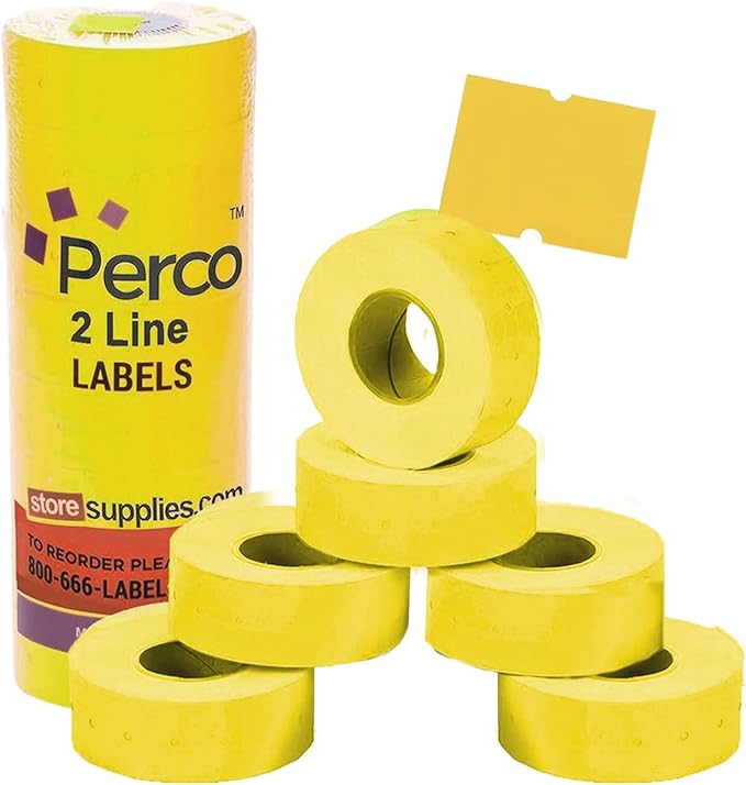 Perco 2 Line Yellow Labels - 8 Rolls, 1 Sleeve, 6,000 Blank Price and Date Gun Labels for Perco 2 Line Price and Date Guns - Made in USA