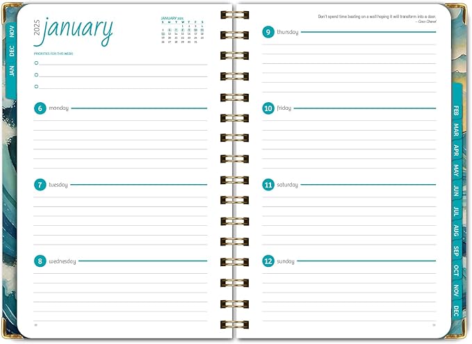 HARDCOVER 2025 Planner, 5.5"x8": 14 Months (November 2024 - December 2025), Daily Weekly Monthly Planner, Yearly Agenda, Bookmark, Pocket Folder and Sticky Note Set (Ocean Waves)