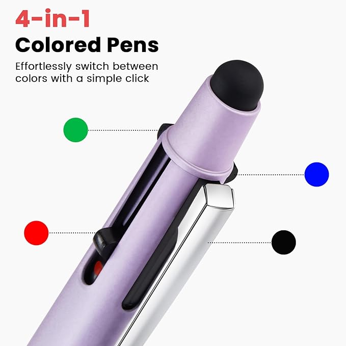 Sooez Multicolor Pen in One, Sleek Metallic 4 Color Ballpoint Pen, Medium Point (1.0mm), Retractable Ball Pen with Stylus Tip, Journaling Planner Pen for Nursing School Office Supplies, 3 Pack, Purple