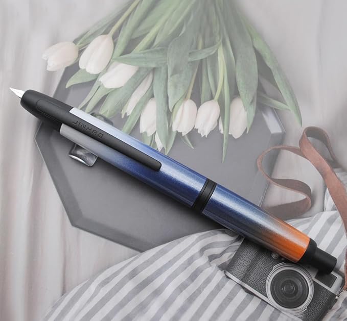 JINHAO 10 Press Fountain Pen, Retractable Metal Pen with Ink Converter (EF Nib 0.38mm, Gradient Dark Blue - Black Clip)