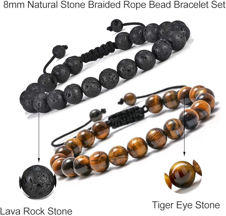 M MOOHAM Natural Stone Bracelets for Men - 8mm Tiger Eye | Matte Agate | Lava Rock Bracelets for Men Teen Boys Gifts Birthday Anniversary Christmas Gifts for Men Teens
