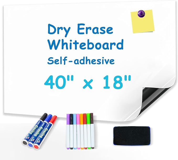 White Board Sticker 40" x 18”, Adhesive Magnetic Dry Erase Board for Wall, Peel and Stick Whiteboard Wallpaper with 8 Colors Marker for Kids Office Home