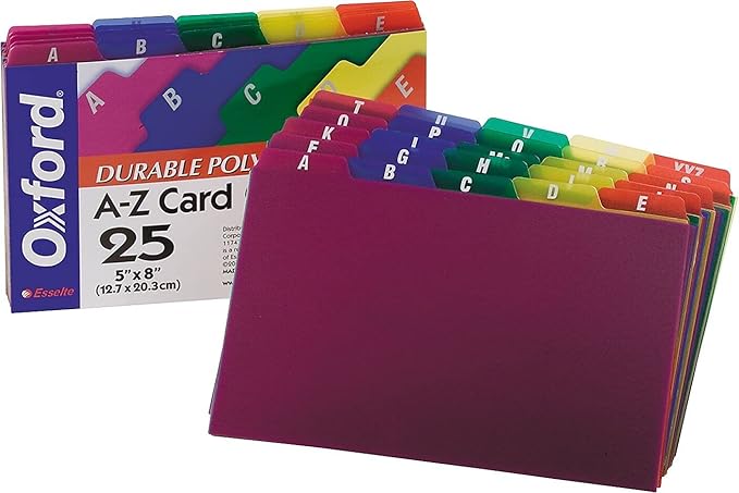 Oxford Poly Index Card Guides, Alphabetical, A-Z, Assorted Colors, 5" x 8" Size, 25 Guides per Set (73155)