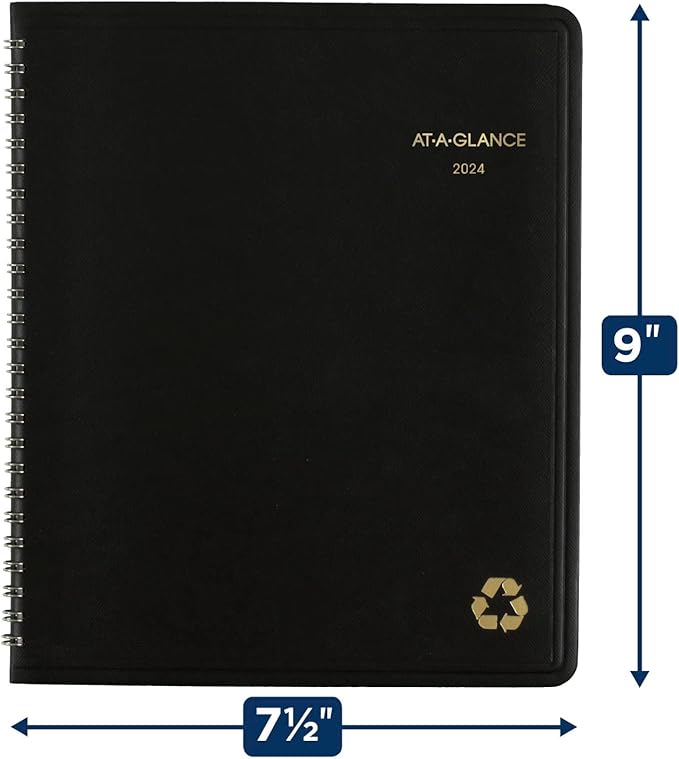 AT-A-GLANCE 2024 Monthly Planner, 7" x 8-3/4", Medium, Spiral Bound, Recycled, Monthly Tabs, Black (70120G0524)
