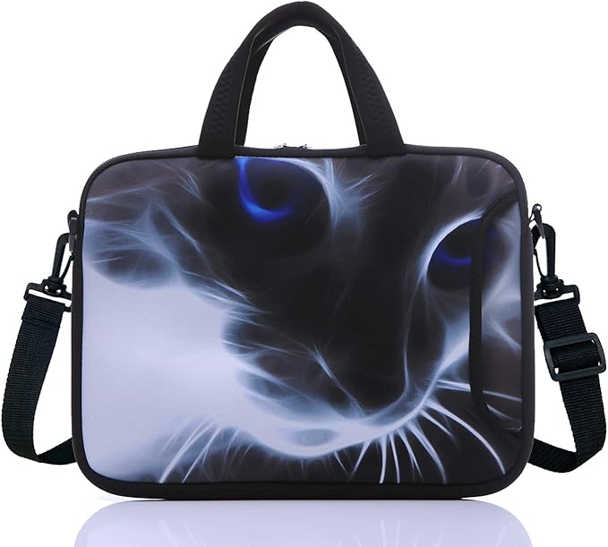 14 Inch Neoprene Laptop Sleeve Case Bag with shoulder strap For 14" Notebook/MacBook/Ultrabook/Chromebook (Grey cat with blue eyes)