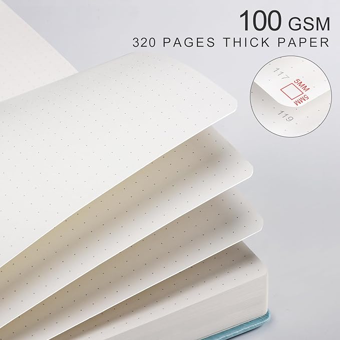 EMSHOI Bullet Dotted Journal Notebook - 320 Pages, 100gsm Thick Paper, A5 Hardcover Leather, Dot Grid Notebook for Women Men Work Writing, Bullet Journaling, Drawing, 5.75 x 8.38, GrayBlue