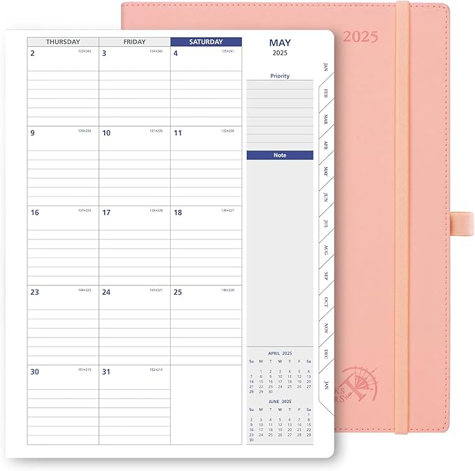 POPRUN 2025 Monthly Calendar 8.5" x 11", Large Writing Space Monthly Planner with PU Leather Soft Cover, Dual Pockets, Monthly Tabs, 100GSM Thick Paper, Sunday Start - Soft Pink