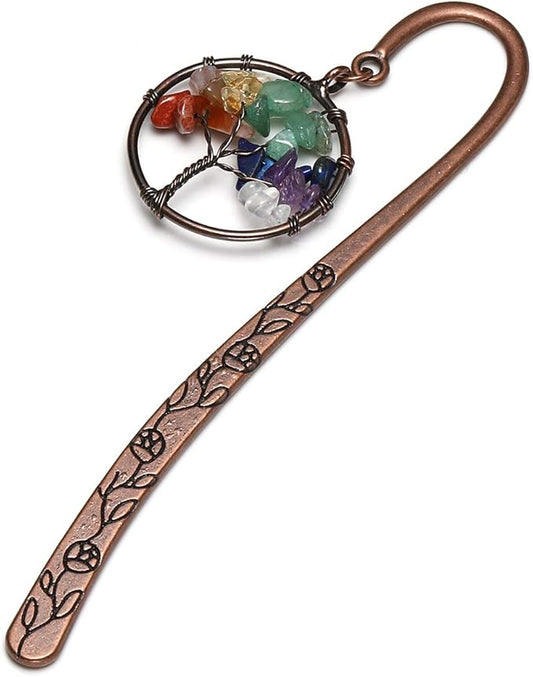 Jovivi Antique Copper Metal Bookmark Beading Bookmarks with Handmade 7 Chakra Tree of Life Tumbled Gemstones