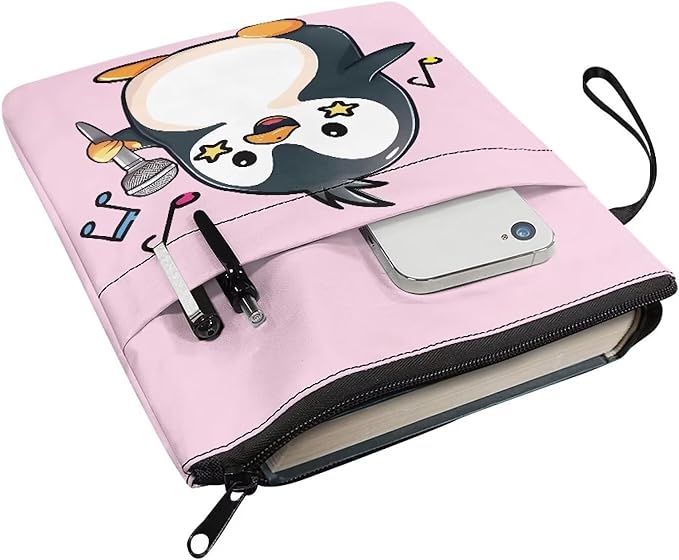 COEQINE Singing Penguin Book Covers for Paperbacks 9x11 Teens Girls Book Sleeves Pink Book Sleeves for Book Lovers Portable Chain Front Pocket