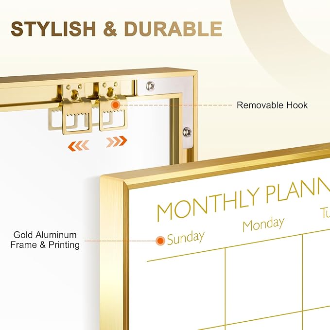 Magnetic Dry Erase Calendar Board for Wall - 36'' x 24'' Monthly Calendar Whiteboard - Gold Aluminum Frame