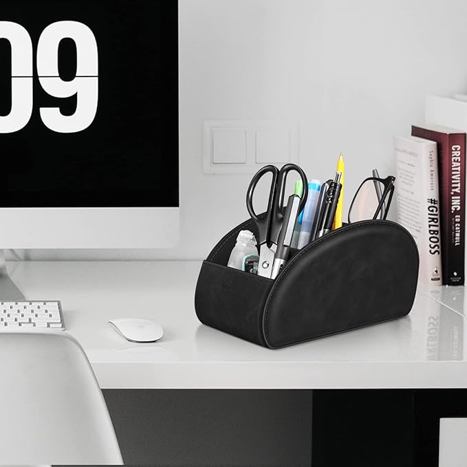 Large Remote Control Holder with 5 Compartments, KENOBEE Anti-slip Desktop Caddy Storage Organizer for Phone, Remote Controllers, Office Supplies, Makeup Brush, Media Accessories, Black