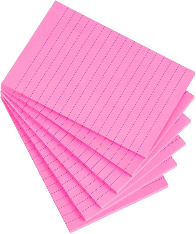 Vanpad Lined Sticky Notes 4X6 in Rose Red Ruled Stickies Super Sticking Power Memo Pads Strong Adhesive, 6 Pads/Pack, 45 Sheets/pad