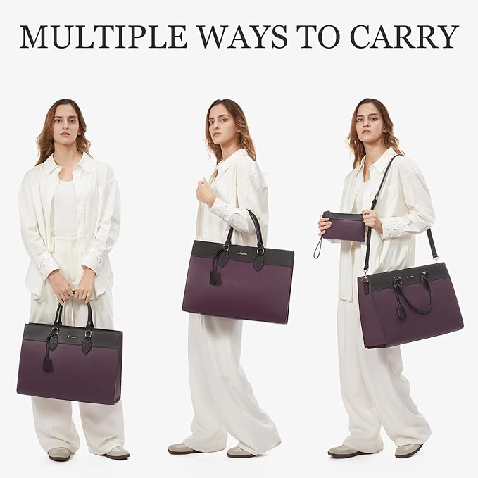 LOVEVOOK Laptop Bag for Women, 17.3 inch Laptop Tote Work Bag Purse, Large Waterproof Leather Computer Briefcase for Office, Purple-Black