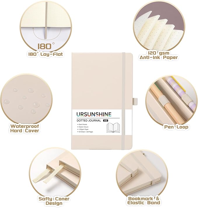 Dotted Journal/Notebook - Dot Grid Hard Cover Notebook, Premium Thick Paper with Fine Inner Pocket, Black Smooth Faux Leather, Pen Loop, 5.3'' x 8.26'' - Vanilla