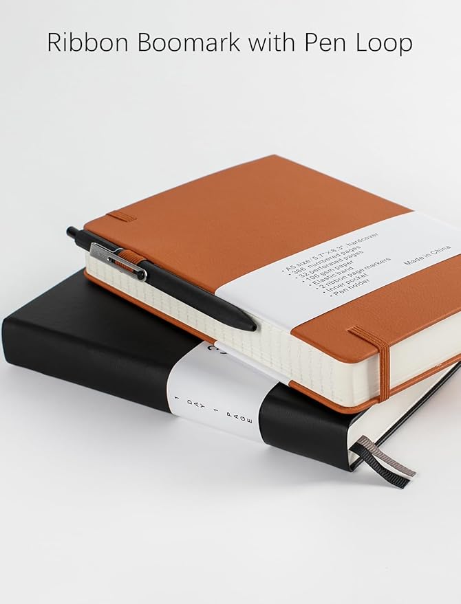 Thick College Ruled Notebook with 366 Numbered Pages, A5 Journals for Writing with 100GSM Lined Paper, Hardcover Leather Notebooks for Women Men School Note Taking Office Work Diary, 5.7"x8.3" Black