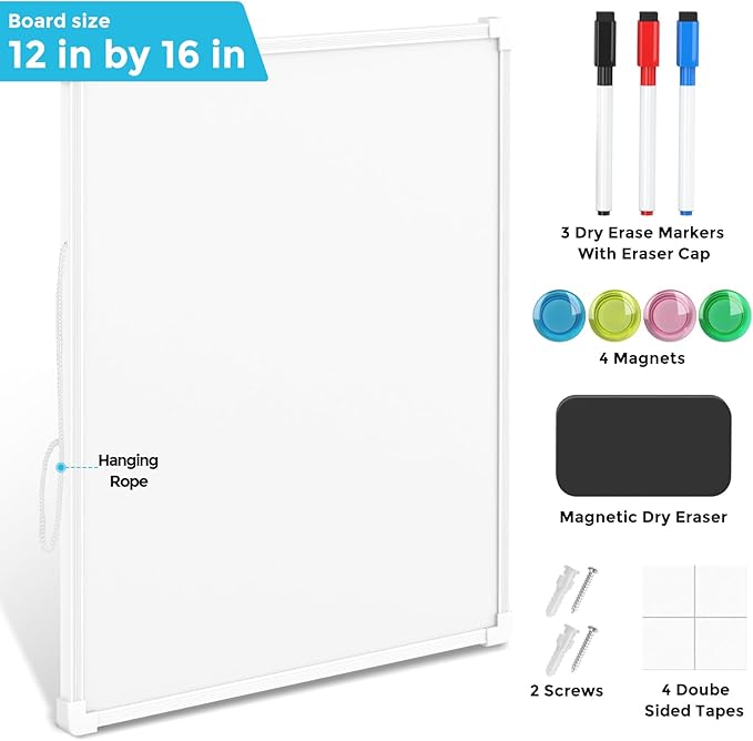 MaxGear Double-Sided Dry Erase Board for Wall, 16"x12" Hanging Whiteboard, Small Dry Erase White Board with 3 Markers&4 Magnets, Portable Whiteboard for Students - Planning, Drawing, Memo, to Do List