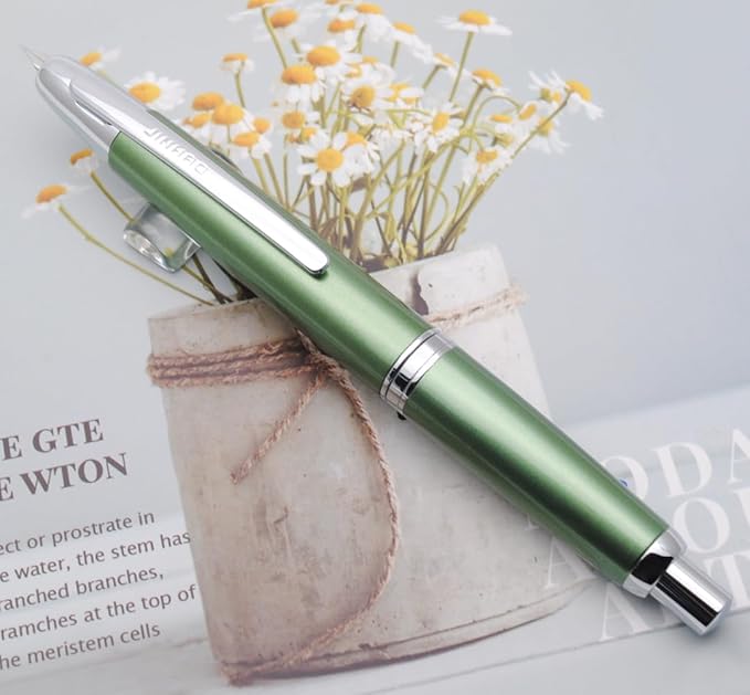 JINHAO 10 Press Fountain Pen, Retractable Metal Pen with Ink Converter (EF Nib 0.38mm, Light Pine Green)