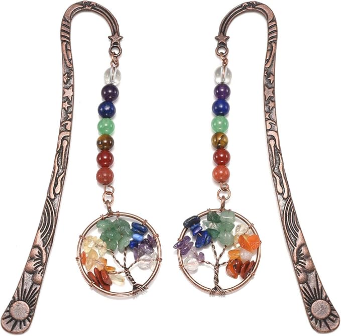 Jovivi Antique Copper Metal Bookmark Beading Bookmarks with Handmade 7 Chakra Healing Crystals Tree of Life Tumbled Gemstones and Round Beads