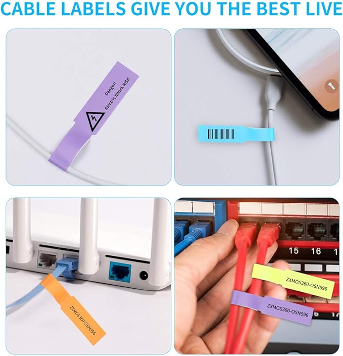 600 Cable Labels, JIQEZNL 20 Sheets Waterproof Cord Label for Electronics, 10 Colors Printable Wire Labeling Tags for Ethernet and Network, Write on Labels for Cable Organize