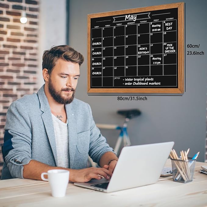 Calendar Chalkboard, 23.6" * 31.5", Magnetic Surface Rustic Brown Solid Pine Wood Frame Chalk Board for Planning/School Timetable/Memo, Hanging Board for Office, School and Home(YLHB-QZ-6080)