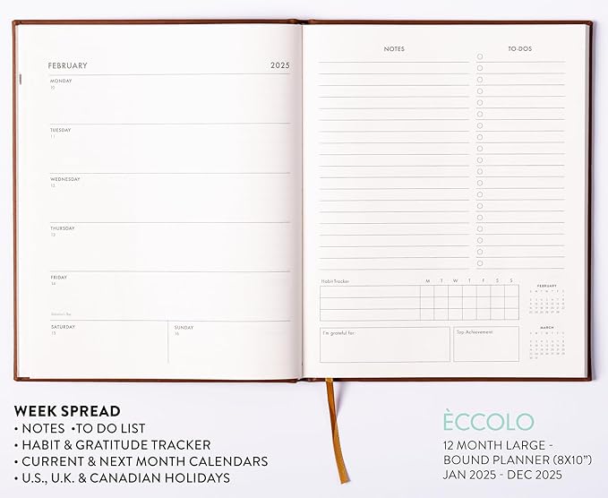 Eccolo 2025 Large Agenda Planner, 12 Month, Yearly, Monthly & Weekly Pages, Habit & Gratitude Tracker (Hardcover - 8 x 10")