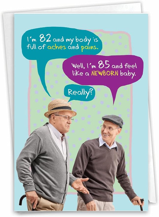 NobleWorks - 1 Funny Happy Birthday Greeting Card - Retro Old Man Humor, Notecard Talk Bubbles - Old Baby C7199BDG