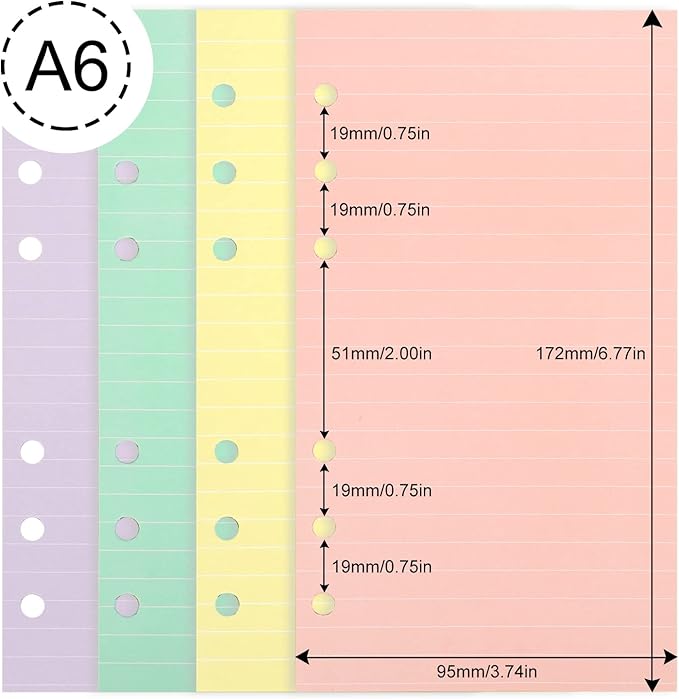 A6 Refills Paper, A6 Binder Planner Loose Leaf Paper, [4 Color] 160 Sheets (320 Pages) 6-Hole Notebook Refills for 6-Ring Refillable A6 Ring Binder Notebook Planner, Lined Paper