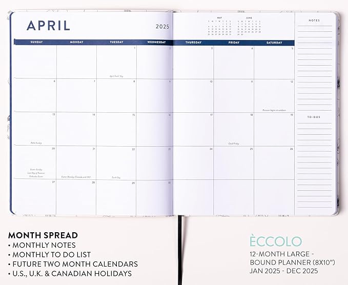 Eccolo 2025 Large Agenda Planner, 12 Month, Yearly, Monthly & Weekly Views, Reminders, Goals Tracker (Flexi-Cover - 8 x 10")