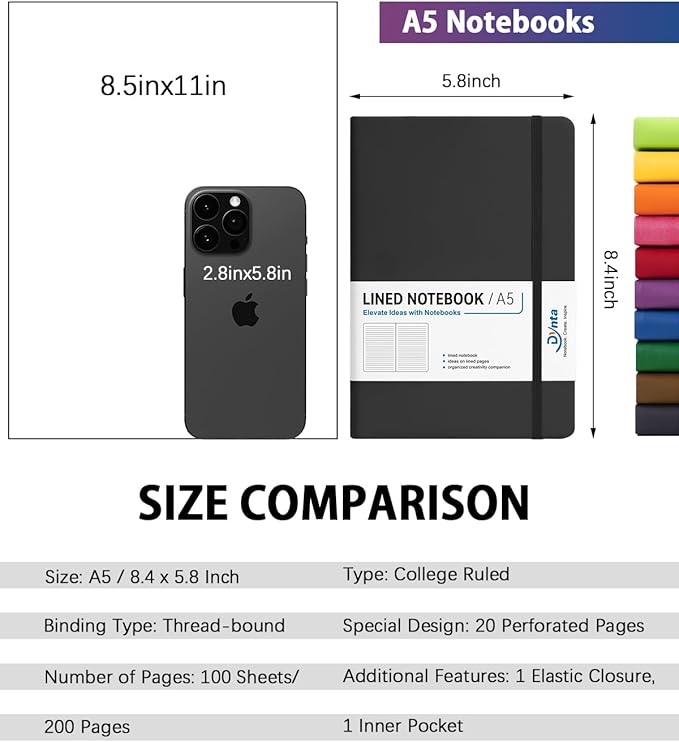 Hardcover Journal Notebooks, 10 Packs A5 Lined Journals Bulk for Writing 200 Pages/100Sheets, 8.4 x 5.8 inch, 10 Colors Classic Ruled Notebook for Work/Travel/College/Note Taking