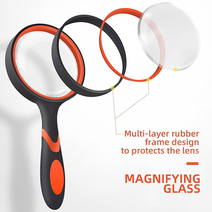 2 Pack 75mm 10X Handheld Magnifying Glass,Rubber Reading Magnifier for Kids Seniors, Suitable for Hobbies and Science
