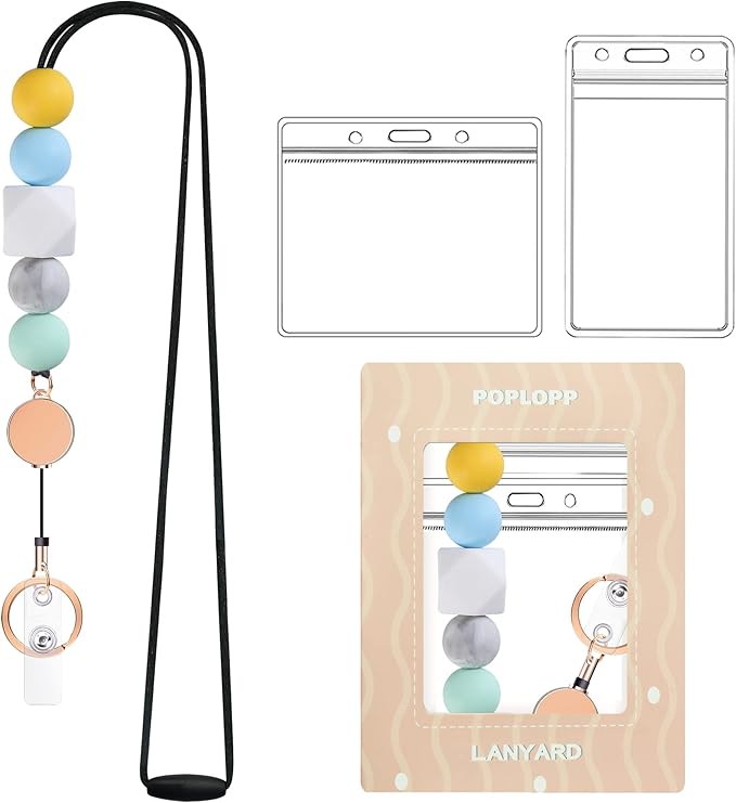 Retractable Lanyards for ID Badges and Keys, Cute Breakaway Teacher Lanyard with Badge Holders and Reels, Silicone Beaded Lanyard for Women, Nurses, Office with 2 Waterproof Card Holders